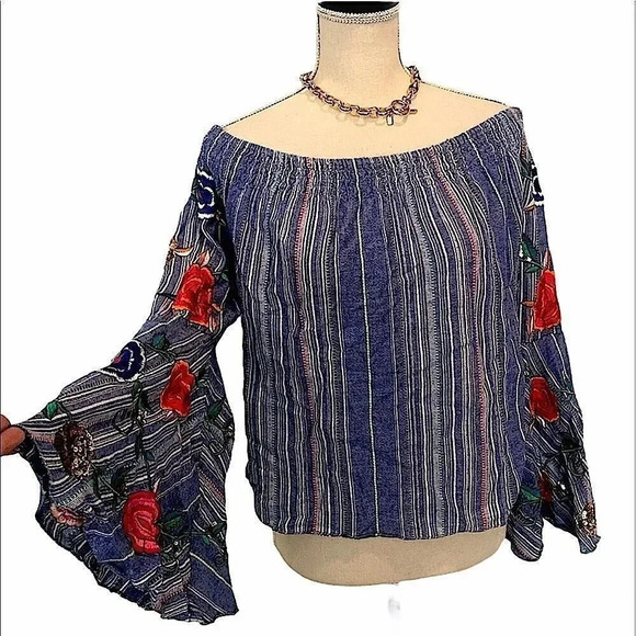 Flont embroidered strapless bell sleeve mod blue top M - Picture 2 of 15